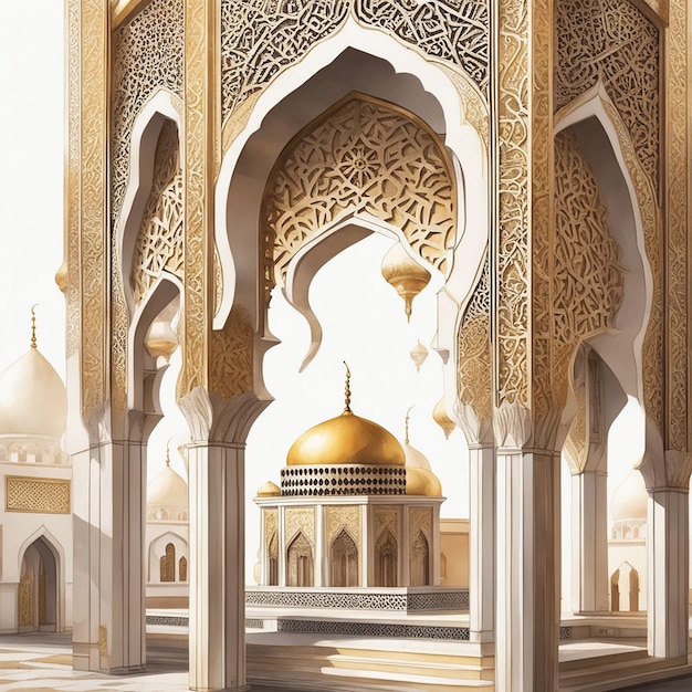 Ein beleuchtetes Minarett unterstreicht die alte arabische Eleganz und Spiritualität, die durch KI erzeugt wurde