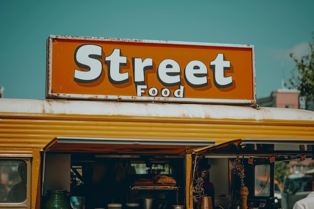 Ein beleuchtetes Streetfood-Schild über einem Lebensmittelverkaufswagen