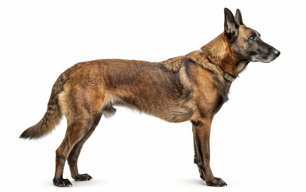 Ein belgischer Malinois steht auf weißem Hintergrund wachsam. Sein Kopf ist zur Seite gedreht und zeigt die ausgewogene und wachsame Natur der Rasse.