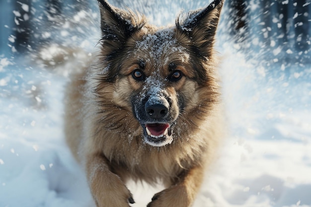 Ein belgischer Schäferhund läuft durch den Schnee
