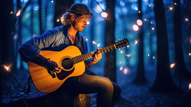 Ein beliebter Country-Musiker mit einer Gitarre auf einer großen Bühne unter den Scheinwerfern