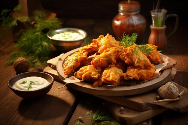 Ein beliebter Streetfood-Snack, scharfes Pakora mit rotem Pfeffer, ein Teller mit traditioneller indischer oder pakistanischer Di