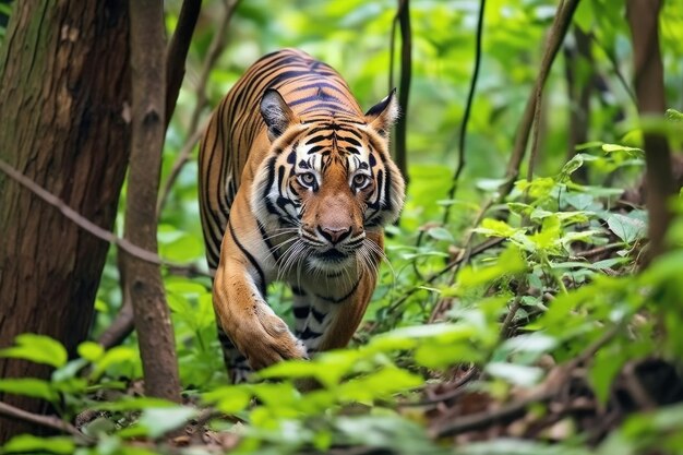 Ein Bengal-Tiger durchquert einen dichten indischen Dschungel