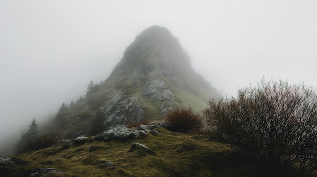 Ein Berg im Nebel, davor steht eine Person.