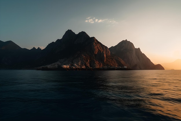 Ein Berg im Ozean, hinter dem die Sonne untergeht