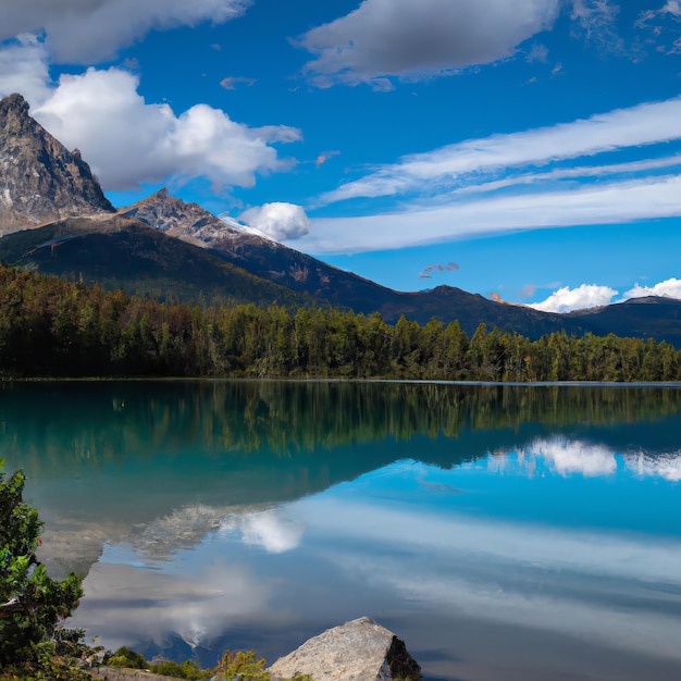 Ein Berg ist in der Ferne und der See ist blau.