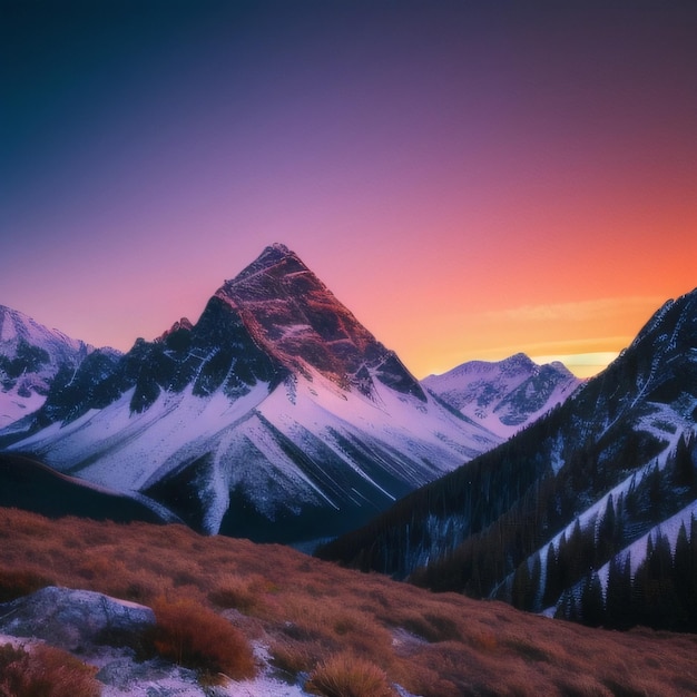 Ein Berg ist mit Schnee bedeckt und der Himmel ist lila und orange.