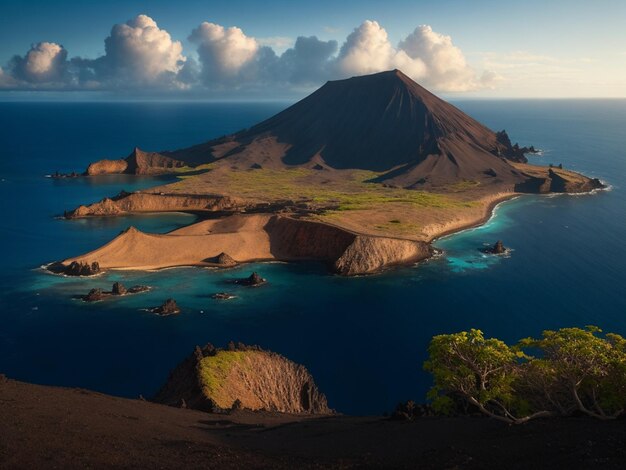 Ein Berg ist von Wasser und einem Berg umgeben.