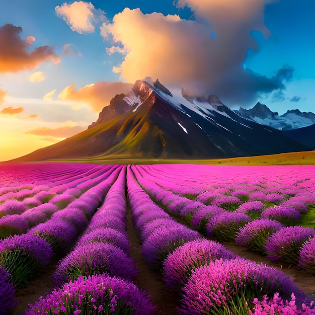 Ein Berg liegt hinter einem Lavendelfeld mit einem violetten Feld und einem violetten Feld mit violetten Blumen.