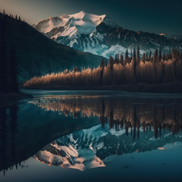 Ein Berg mit blauem Himmel und einer Reflexion von Bäumen und einem Berg im Wasser.