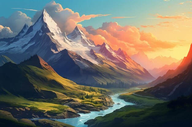 ein Berg mit einem Fluss und Bergen im Hintergrund