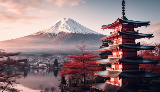 Ein Berg mit einem japanischen Turm im Vordergrund