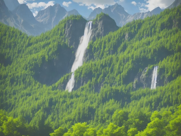 Ein Berg mit einem Wasserfall in der Ferne