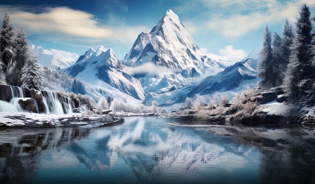 Foto ein berg reflektiert sich in einem see mit der reflexion der berge im wasser