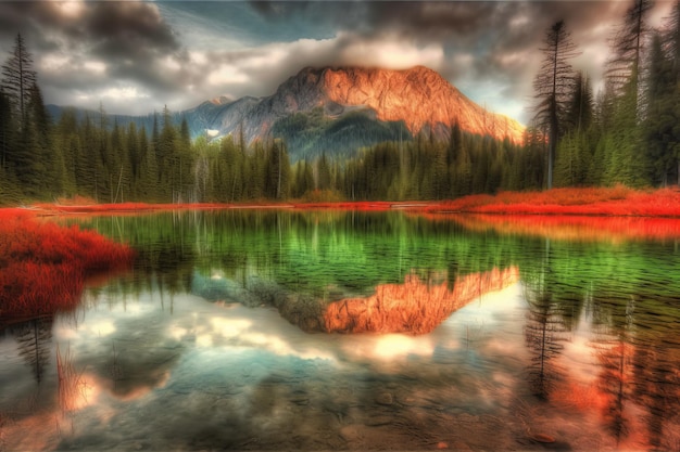 Ein Berg spiegelt sich in einem See mit bewölktem Himmel.