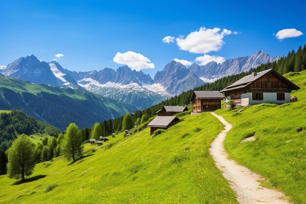 ein Bergdorf mit einem Pfad, der zu einer Hütte führt