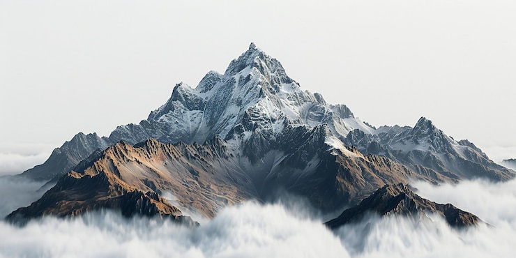 Foto ein berggipfel, der aus den wolken auftaucht, in einem minimalistischen und hochwertigen stil fotografiert