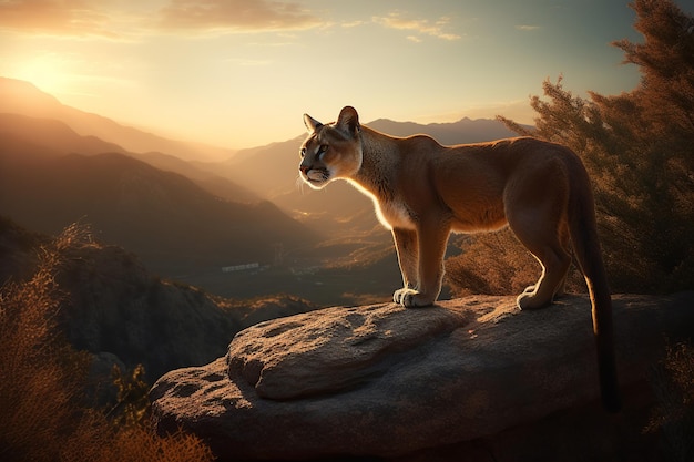 Ein Berglöwe steht auf einem Felsen vor einem Sonnenuntergang.