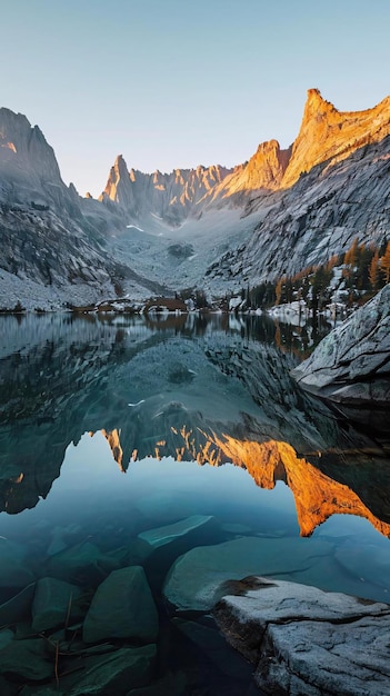 ein Bergsee, der von schneebedeckten Bergen umgeben ist