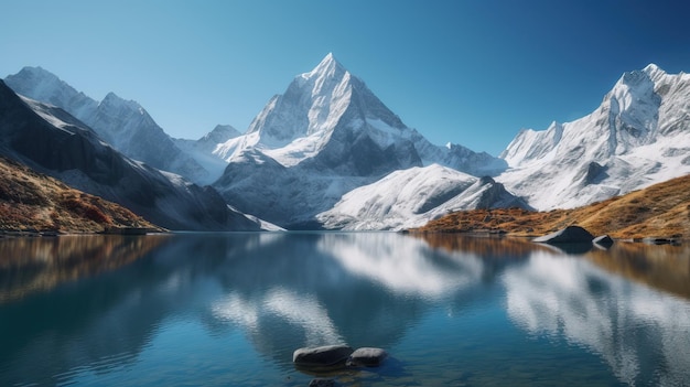 Ein Bergsee mit blauem Himmel und schneebedeckten Bergen im Hintergrund.