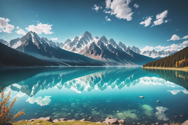 Ein Bergsee mit blauem Himmel und Wolken