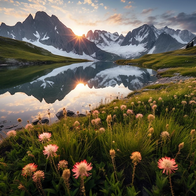 Ein Bergsee mit Blumen und ein Berg im Hintergrund