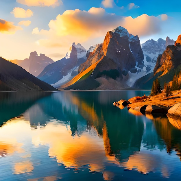 Ein Bergsee mit buntem Himmel und einem Berg im Hintergrund.