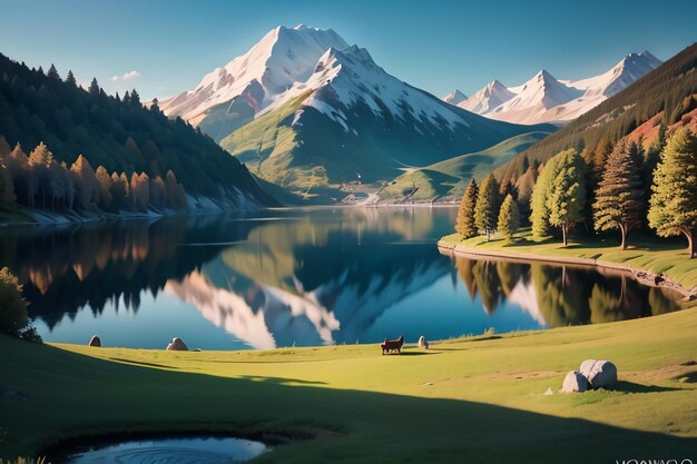 Ein Bergsee mit einem Berg im Hintergrund