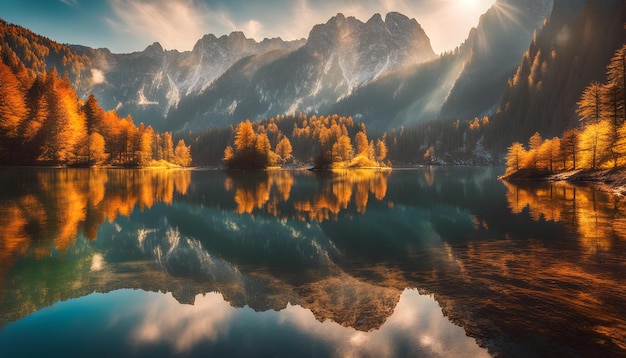 ein Bergsee mit einem goldenen Baum auf der rechten Seite