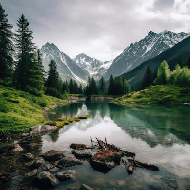 Ein Bergsee mit einem See und Bergen im Hintergrund.