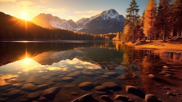 Ein Bergsee mit einem Sonnenuntergang im Hintergrund