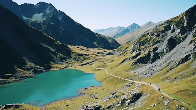 ein Bergsee mit einer Straße, die dorthin führt