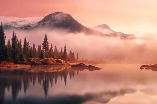 Ein Bergsee mit rosa Himmel und einem schneebedeckten Berg im Hintergrund