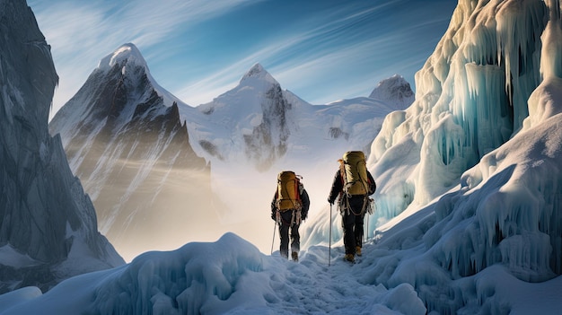 Foto ein bergsteigerpaar im eisigen tal