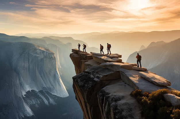 Ein Bergsteigerteam auf dem Gipfel eines hohen Berges im Licht der untergehenden Sonne