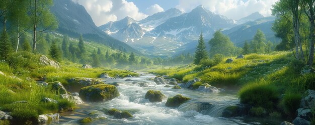 Ein Bergstrom fließt durch alpine Tapeten