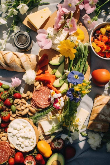 Ein Überkopfschuss eines Frühlingspicknicks mit bunten Bettdecken, Sandwiches, Früchten und Blumen