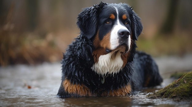 Foto ein berner sennenhund kühlt sich in einem fluss ab.