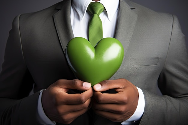 Foto ein berufstätiger in einem anzug, der einen herzförmigen gegenstand in grün umklammert, symbolisiert die idee von b