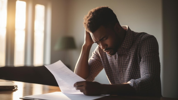 Ein besorgter Mann liest ein Dokument am Schreibtisch Das Konzept zeigt finanziellen Stress und Entscheidungsfindung