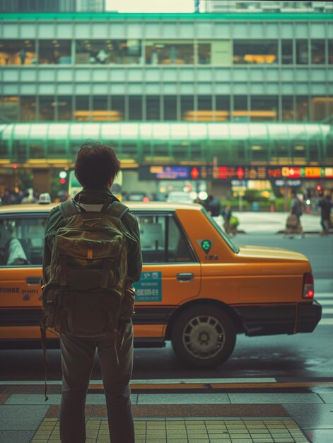 Ein Besucher wartet vor dem Flughafen von Tokio in Japan auf ein Taxi