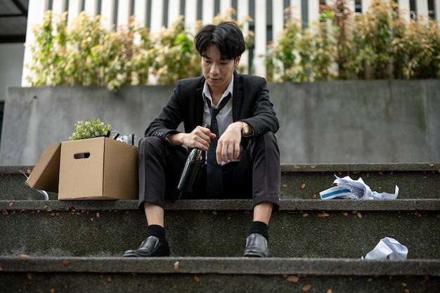 Ein betrunkener, deprimierter, arbeitsloser asiatischer Geschäftsmann sitzt mit einer Bierflasche in der Hand auf der Treppe