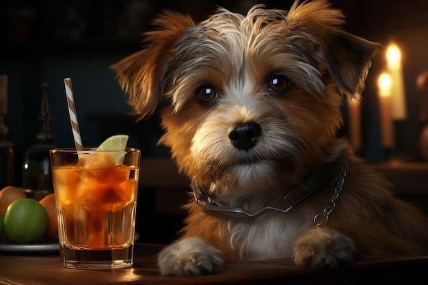 ein betrunkener Hund trinkt einen Cocktail