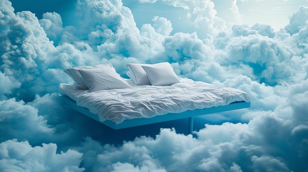 Ein Bett, das in den Wolken schwebt, die Farbe Blau
