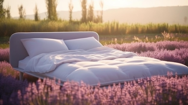 Foto ein bett in einem lavendelfeld mit einem violetten himmel im hintergrund.