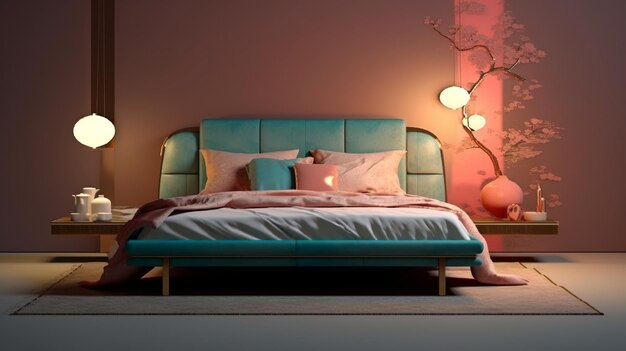Ein Bett in einem Schlafzimmer mit Kissen und Dekor im chinesischen Stil. Generative KI