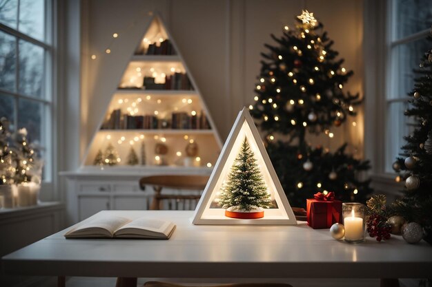 Ein Bett in einem wunderschönen weißen Haus geschmückt Dreieck Bücherregal wie ein Weihnachtsbaum in der Nacht