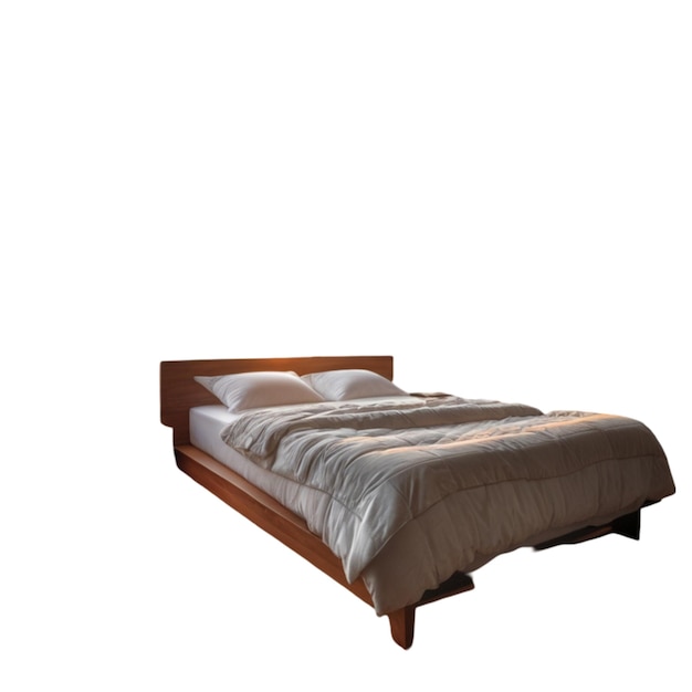 ein Bett mit einem Holzrahmen und einem weißen Komfort darauf