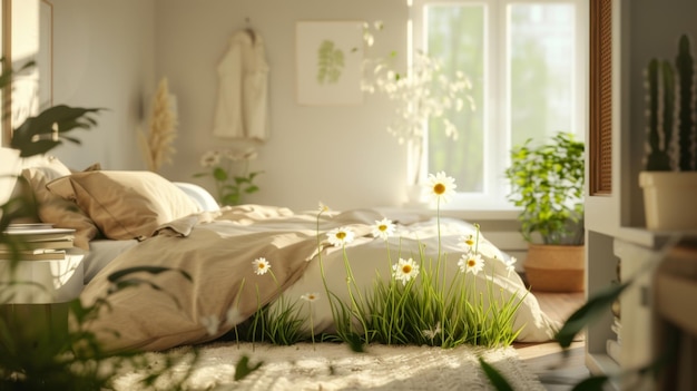 ein Bett mit einem weißen Binde und Blumen darauf