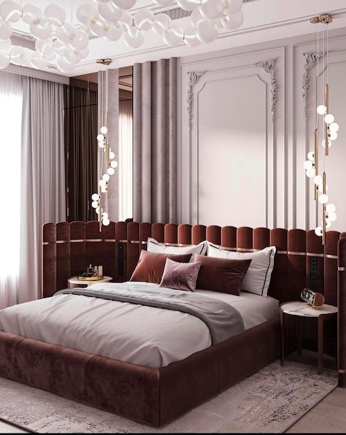 ein Bett mit einem weißen Komfort und einem braunen Kopfboden